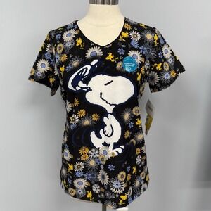 NWT Peanuts Snoopy Scrub Top Small Black Woodstock Scrubs Cherokee Tooniforms